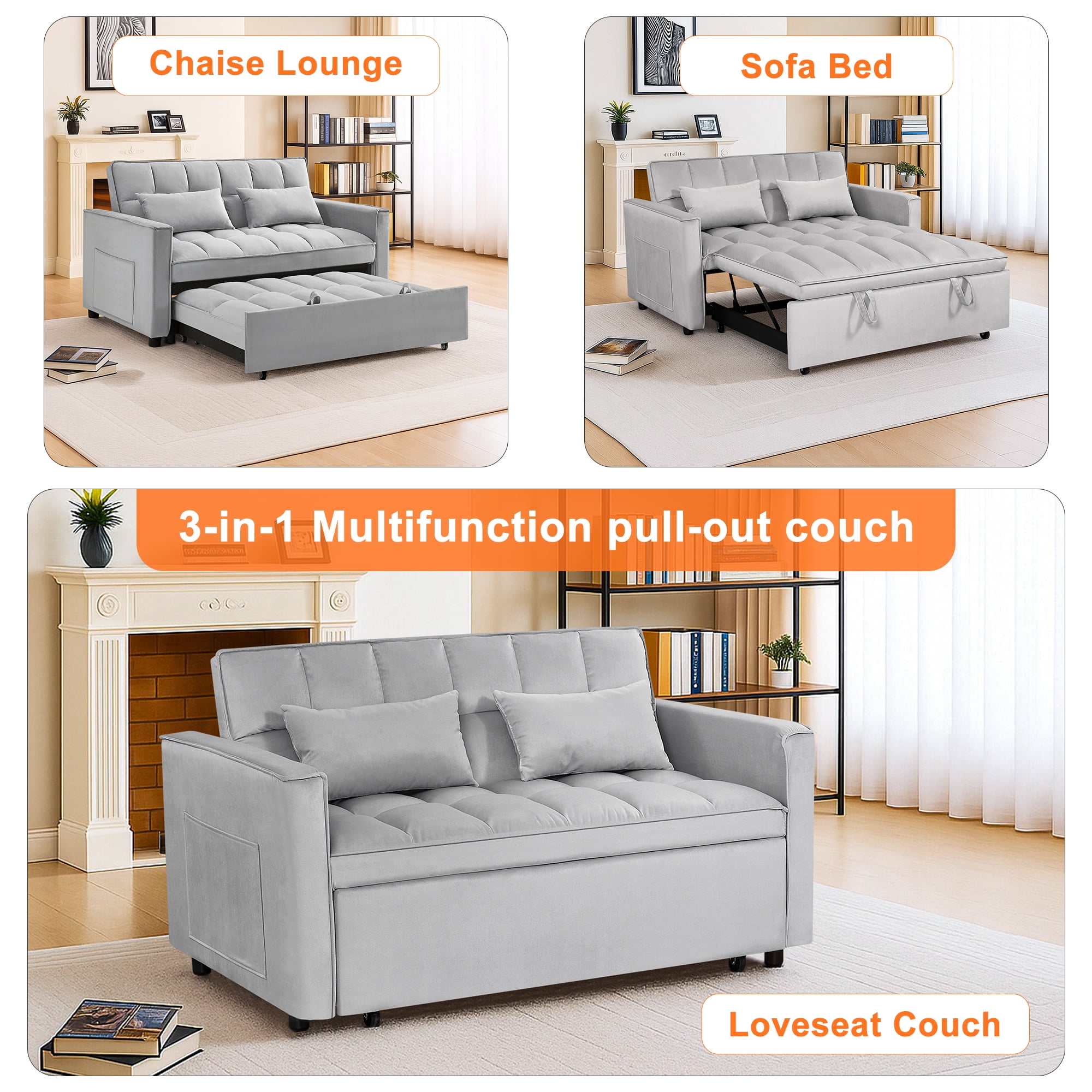 Demi Bonn 3 in 1 Convertible Sleeper Sofa Bed with Side Pocket, Adjustable Backrest Velvet Futon Couches for Living Room, Pull Out Couch, Loveseat, Gray