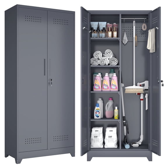 Marcree Broom Closet with Locking Doors,72.8’’H Cleaning Tool Storage Cabinet with Hanging Rod & Hooks,Heavy-Duty Tool Garage Storage Cabinet for Utility Room,Grey