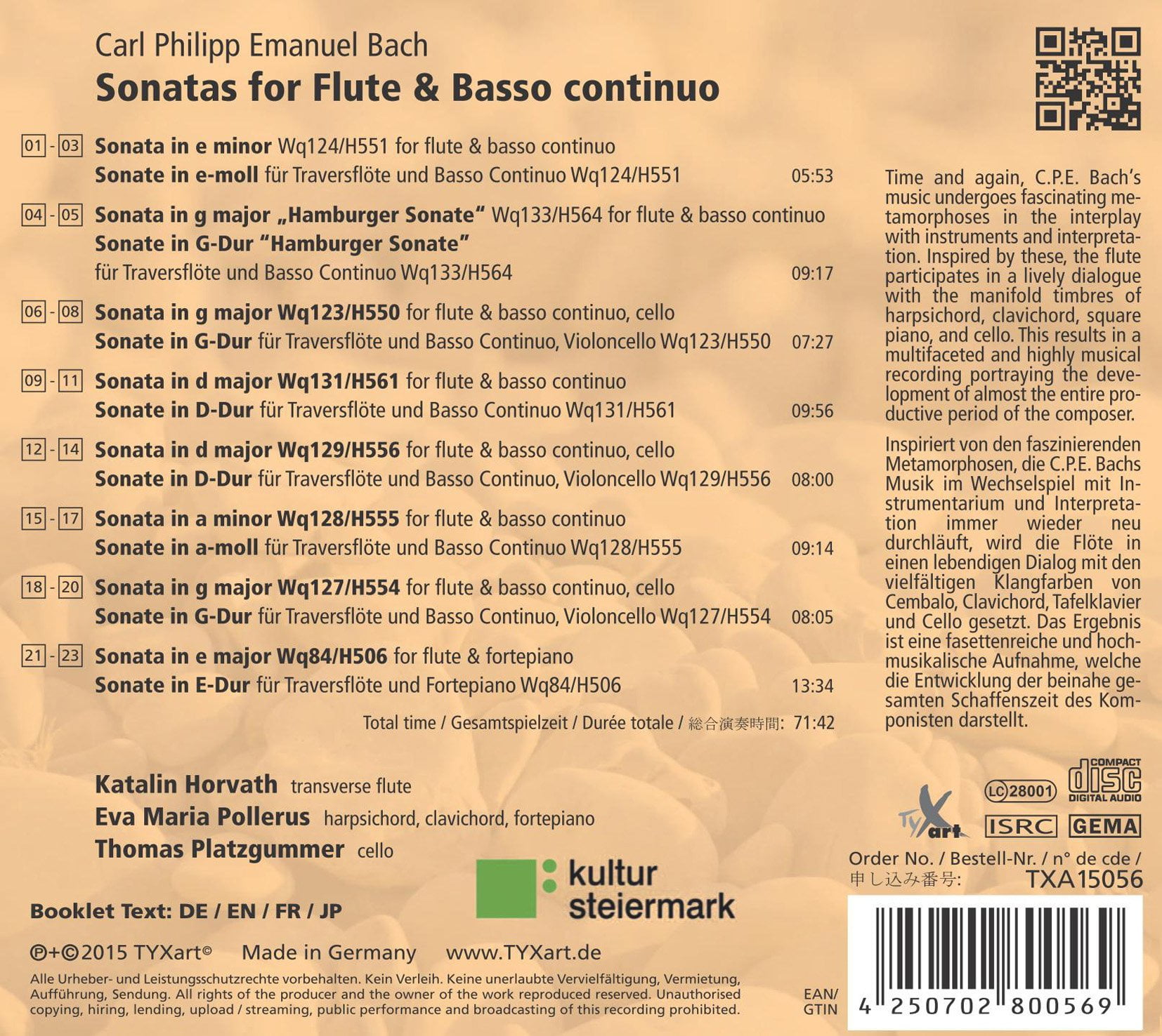 Bach,C.P.E. / Horvath / Pollerus / Platzgummer - Sonatas for Flute & Basso Continuo - Music & Performance - CD
