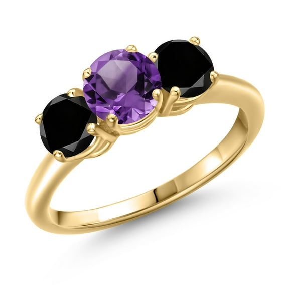 Gem Stone King 18K Yellow Gold Plated Silver Purple Amethyst and Black Diamond Engagement Ring for Women | 2.10 Cttw | Round 6MM | Gemstone February Birthstone | Size 9