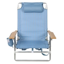 Mainstays Reclining Beach Chair with Backpack Straps and Wooden Armrests, Thin Blue Stripe