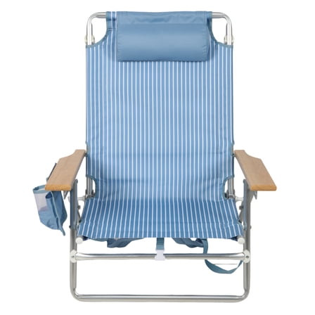 Mainstays Reclining Beach Chair with Backpack Straps and Wooden Armrests, Thin Blue Stripe