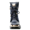thumbnail image 6 of Ferwind Women's Goldtone Plated Treaded Outsole Mid Calf Lace Up Combat Booties Navy 8, 6 of 9