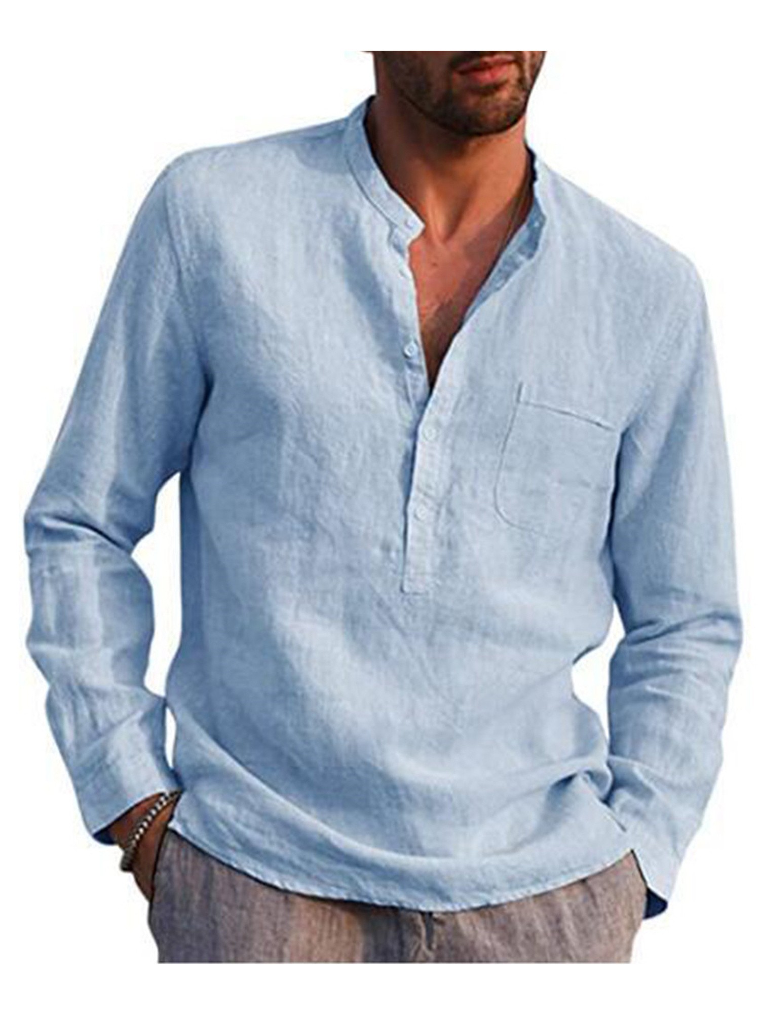 Men Long Sleeve T-Shirt Casual V Neck 