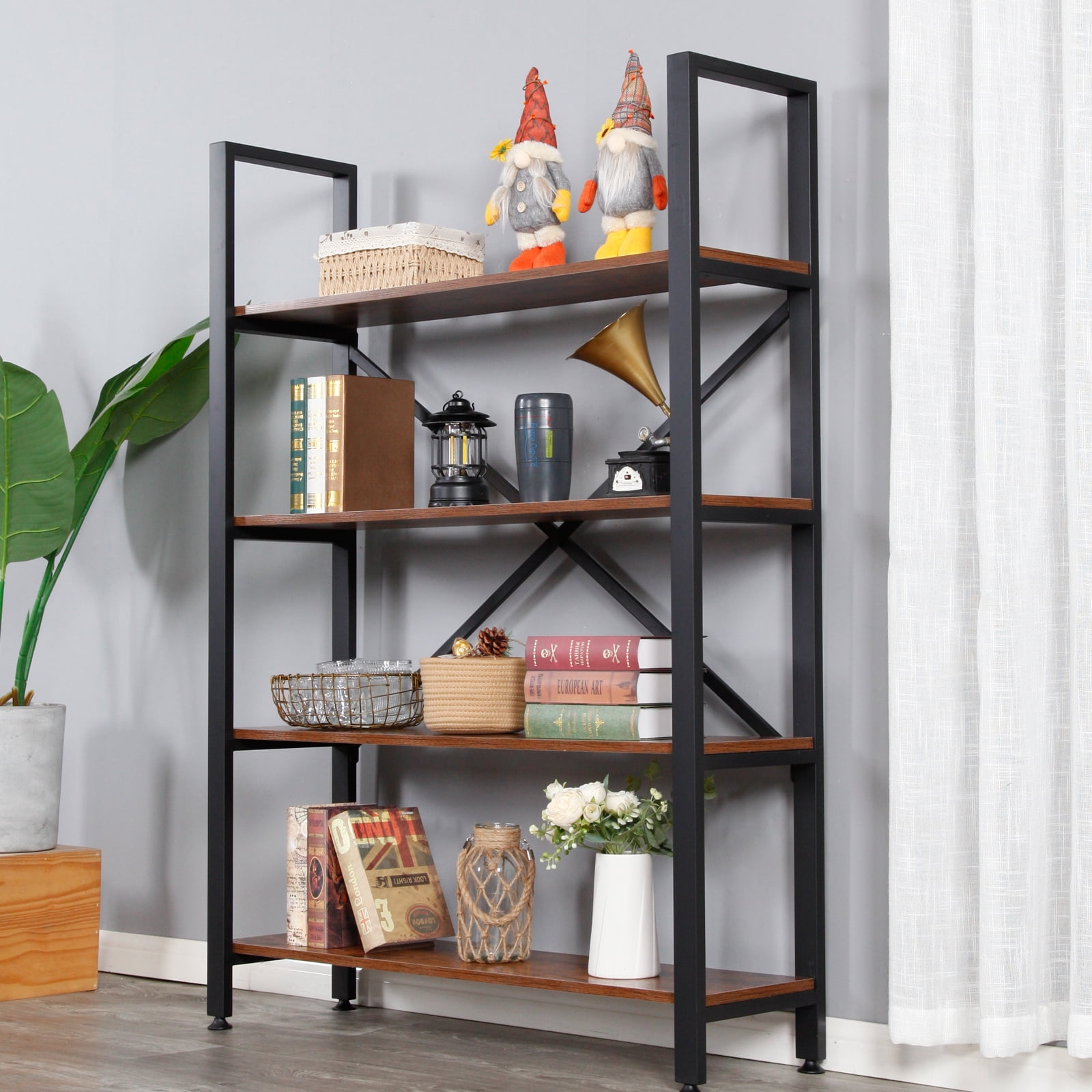 Industrial Bookshelf, 4Tier 39inch Rustic Brown Shelving Unit Bookcase