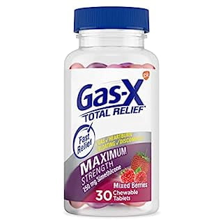 Gas-X Total Relief Chewable Tablets with Maximum Strength Gas Relief Simethicone 250 mg and Heartburn Relief Calcium Carbonate 750 mg, Mixed Berries - 30 Count