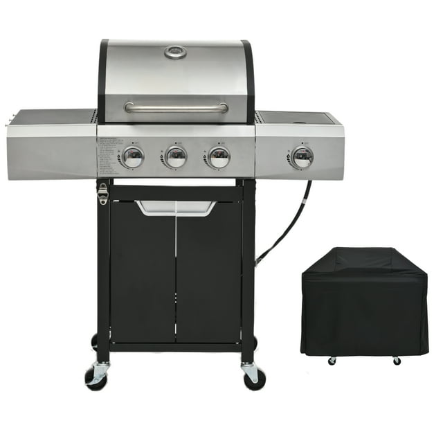3-Burner Stainless Steel Gas Grill with Side Burner, 40500 BTU Propane, 287 sq in Cast Iron Grates & 89 sq in Warming Rack, Shelf & 4 Wheels for Patio