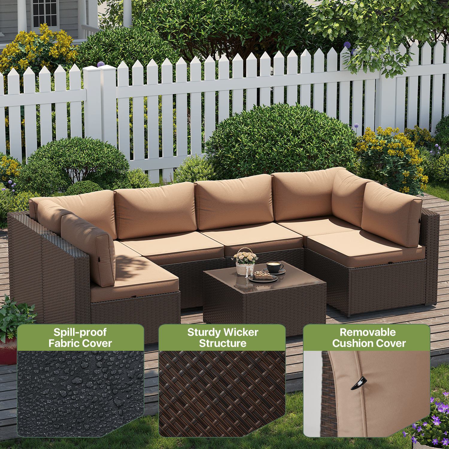BaPiPro 7‑Piece Modular All‑Weather Patio Furniture Set, Brown Rattan Wicker Outdoor Sectional Sofa with Thickened Khaki Cushions & Tempered Glass Coffee Table for Backyard Porch Deck Balcony
