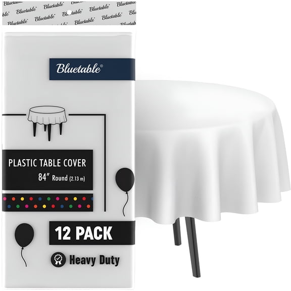AUQ White Plastic Tablecloth Round Disposable (12 Pack) Bulk Table Cloth (84” Inches) Round Tables,White Party Tablecloths Holiday Tablecloth Disposable