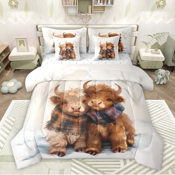 Feelyou Kawaii Brown Cow Bedding Comforter Set 7 Pieces, Rustic Farmhouse Bull Full Bedding Set, Vintage Buffalo Scarf Reversible Fitted Sheet Flat Sheet, Breathable Home Decor