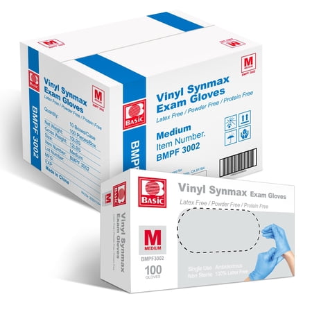 Basic Medical Synmax Vinyl Exam Gloves - Latex-Free & Powder-Free Disposable Glove - Medium, BMPF-3002(1000 Pcs)