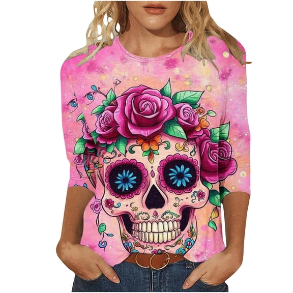 NuoCaiYun Long Sleeve Graphic Tee for Women, Ladies Day Of The Dead Printed Round Neck 3/4 Sleeve T-Shirt Loose Tops