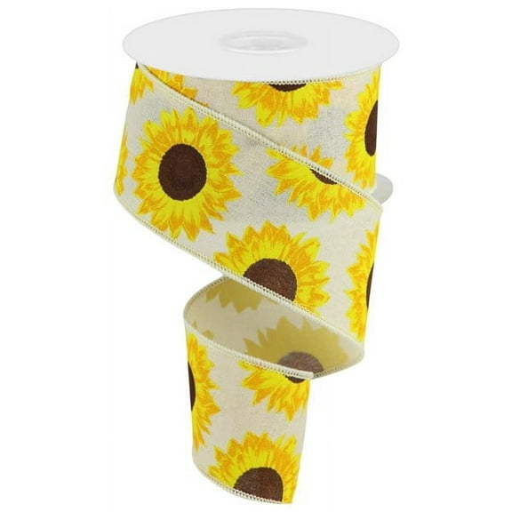 Sunflowers on Canvas Wired Edge Ribbon, 10 Yards (Cream, 2.5 Inch)