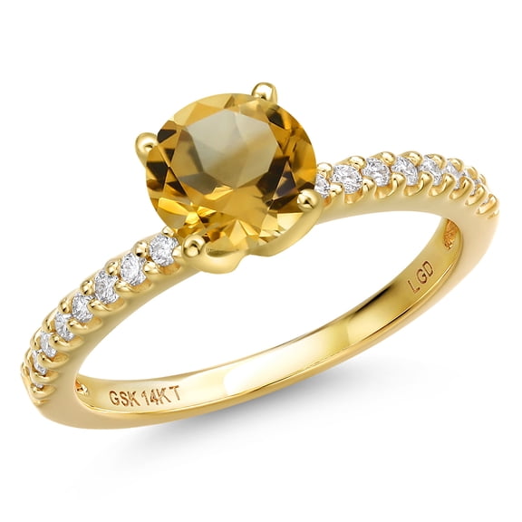 Gem Stone King 14K Yellow Gold Yellow Citrine and Lab Grown Diamond Engagement Ring for Women | 1.46 Cttw | Round 7MM | Gemstone November Birthstone | Size 8