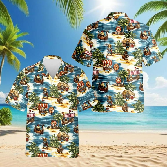 Viking Hawaiian Shirt for Men, Tropical Style, Button Down Summer Beach Short Sleeve, S-5XL