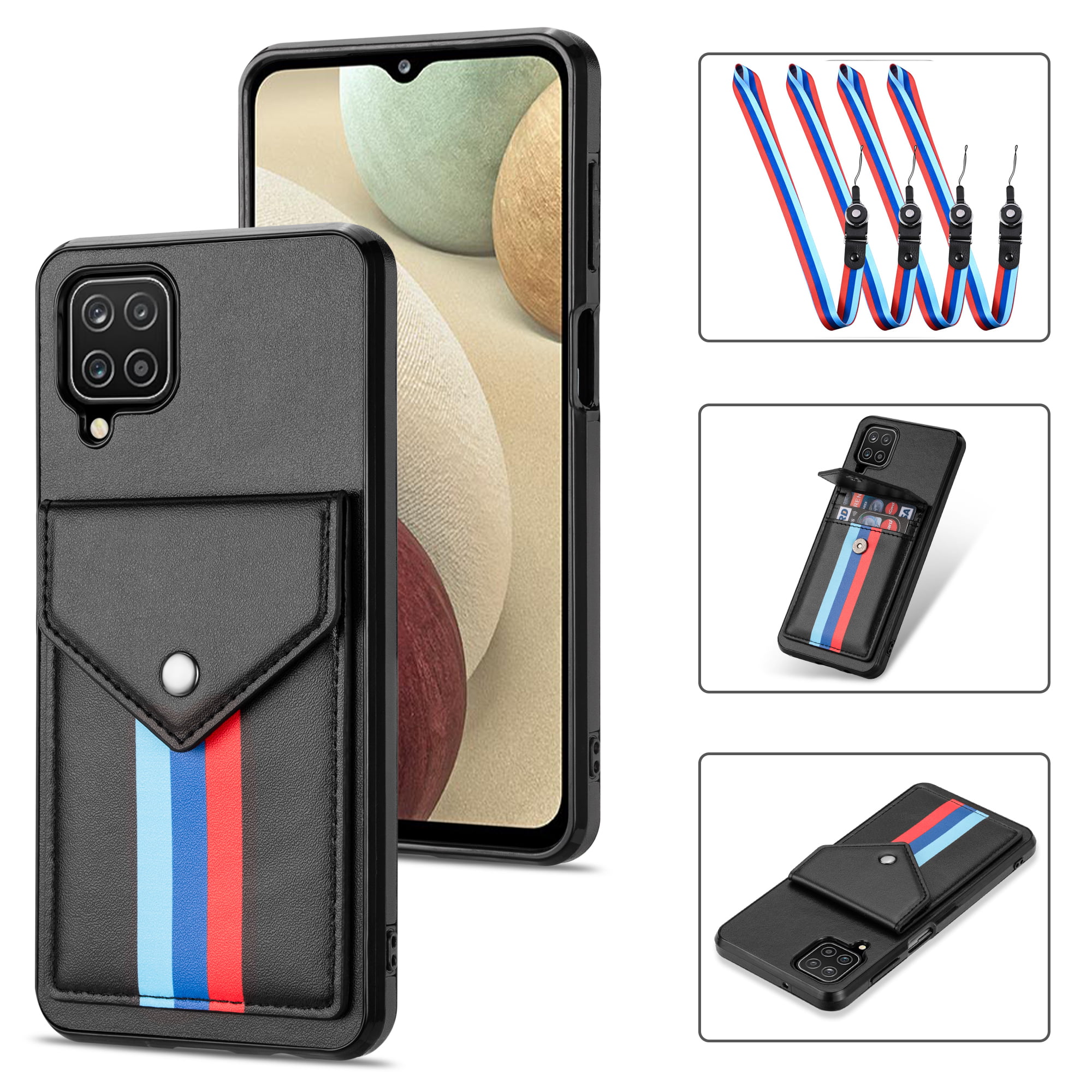 Black,6.5inch PU Leather Wallet Case with Credit Card Holder Wrist Strap Shockproof Protective Cover for Samsung A12 4G Phone Double-N Samsung Galaxy A12 Case 