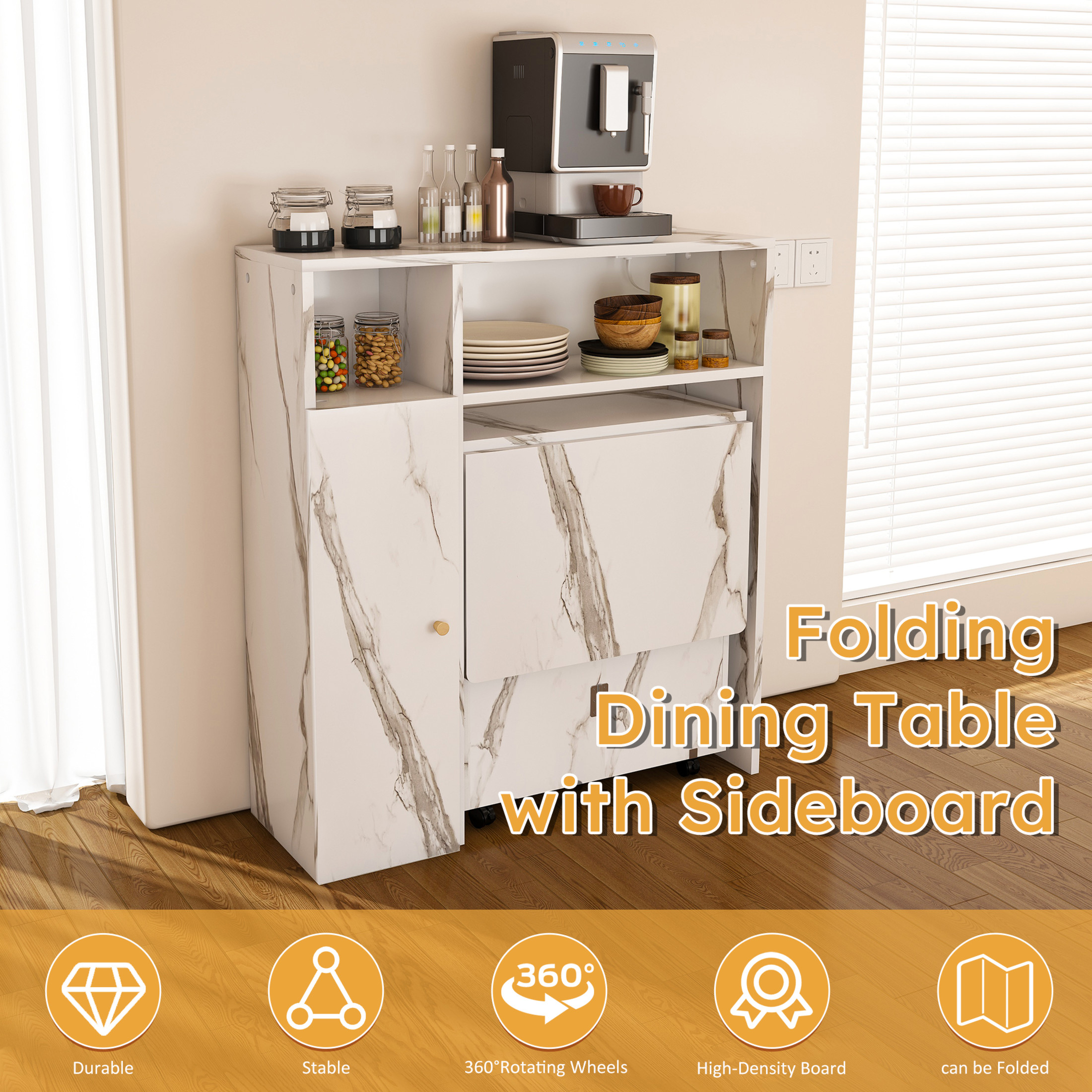 Noble House 2-in-1 Folding Table with Wall-Mounted Sideboard and Socket, Space-Saving Dining Table, White