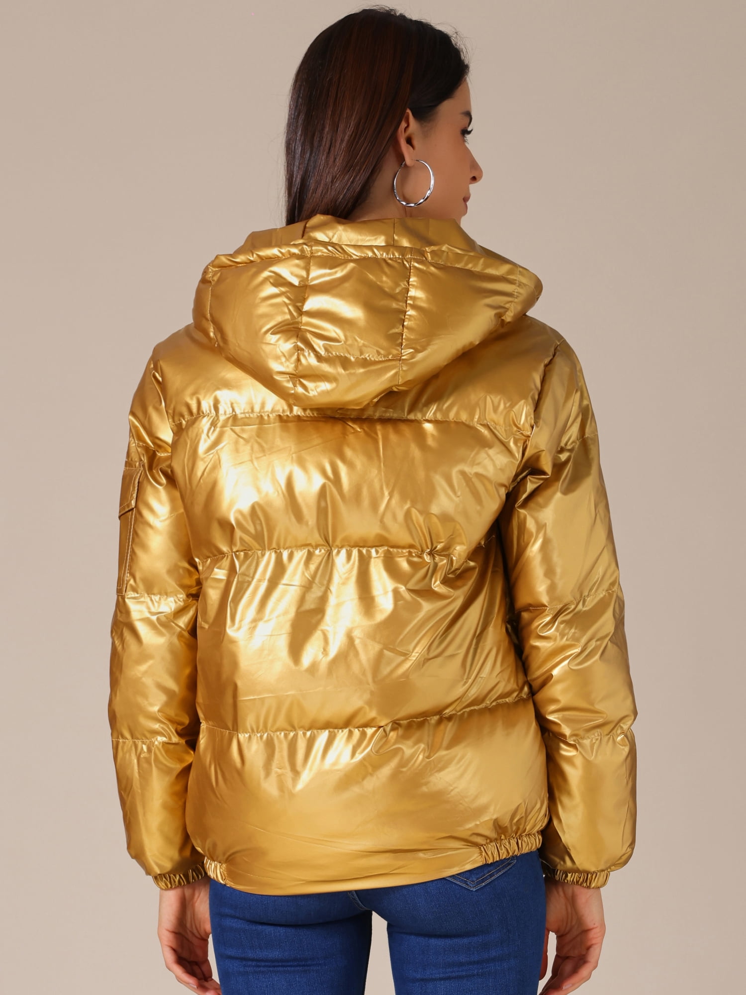 DARING DIVA Women's Holographic Shiny Party Puffer Jacket with Hood M Gold