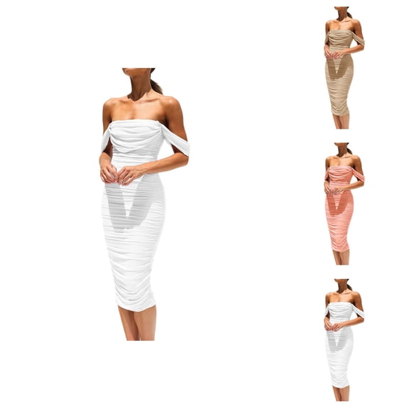Elegant Dresses for Women Wedding Guest Dresses for Women Summer Off The Shoulder Ruched Bodycon Dresses Sleeveless Sexy Party Club Midi Dress