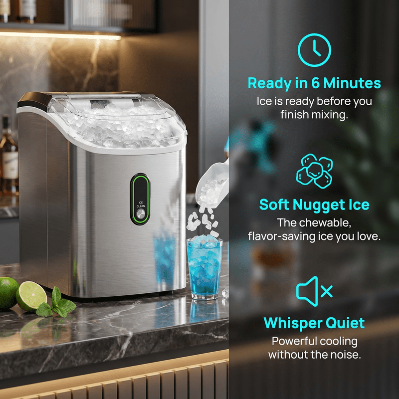 Countertop Nugget Ice Maker,Chewable Pellet Ice Machine with Self-Cleaning Function, 33 lbs/24H Portable Ice Maker for Home, Kitchen, and Office, Stainless Steel