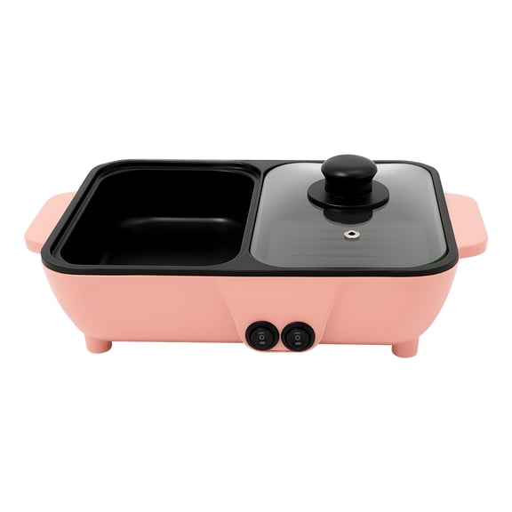 ChicHomey 2-in-1 Hot Pot & Grill Cooker, Dual Independent Temp Control,Clean Water Rinsable Clear Lid,for Home Restaurant Family Friends Gatherings​ Pink