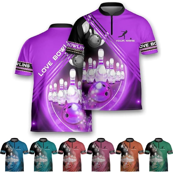 Custom Bowling Jerseys for Men Women Personalized Team Name Quarter Zip 3D Apparel Customized Bowling Jersey Shirts Unisex (Purple, S)