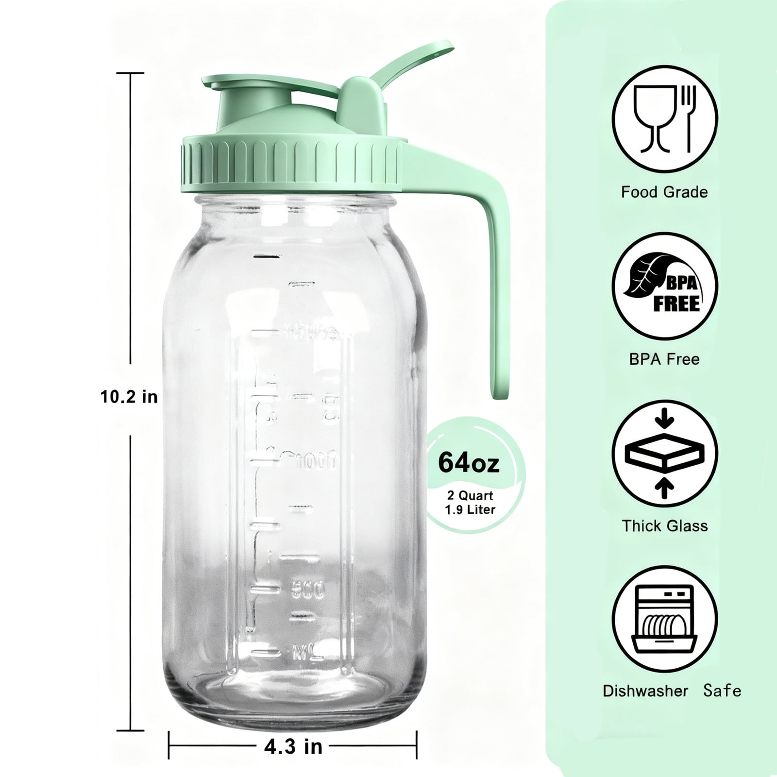 JOGGEIL 3 Pack 64OZ Mason Jars with Lid, 2 Quart Glass Water Pitcher with Lid, Airtight Seal for Great for Iced Tea,Juice,Milk,Coffee,Sun Lemonade, Green