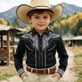 thumbnail image 2 of Kids Western Cowboy Style Long Sleeve Print Casual Button Down Shirt for Boys Daily Wear Black 130, 2 of 4