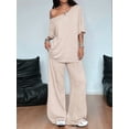 thumbnail image 4 of Women'S 2 Piece Travel Outfits Casual Short Sleeve Knit Sweater Set Wide Leg Pants Lounge Sets Oat Color L, 4 of 8