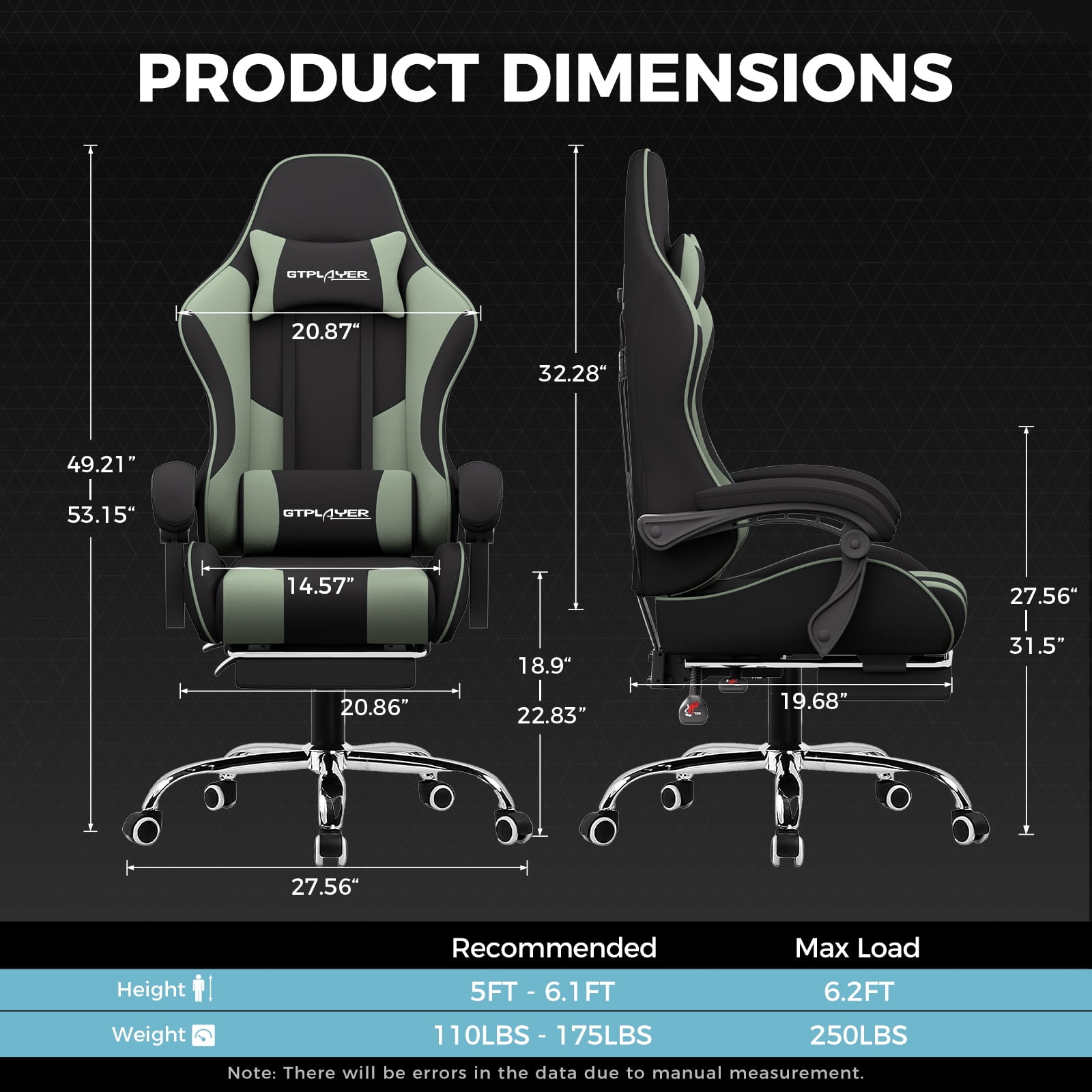 GTPLAYER Gaming Chair with Footrest,Fabric Computer Chair for Office or Gaming, Green