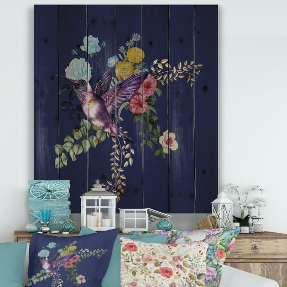 Designart 'Little Bird Sitting On Colourful Bouquet Of Wildflowers I' Traditional Print on Natural Pine Wood