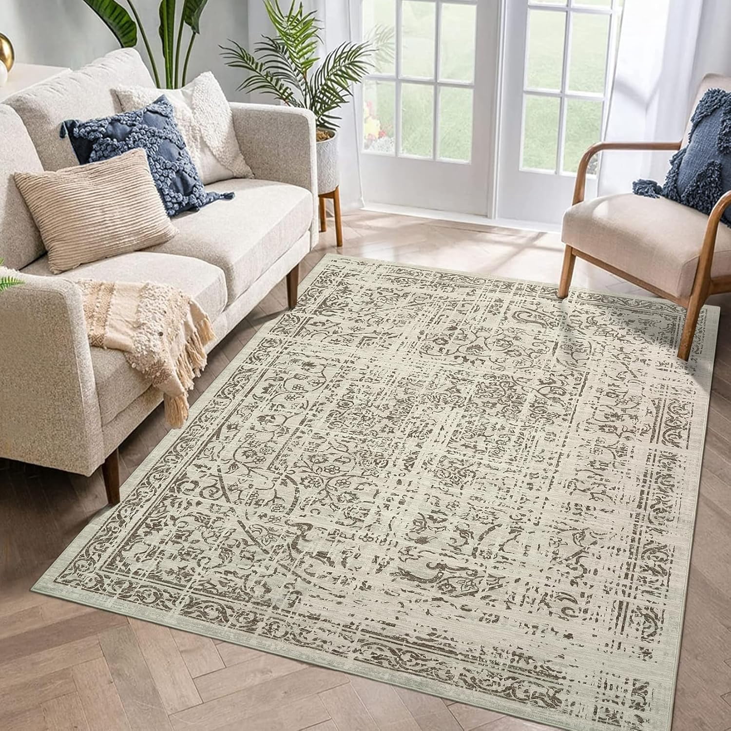 5x7 Washable Area Rug - Vintage Traditional Foldable Thin Kitchen Accent Indoor Distressed Non Slip Carpet Floral Print Mat Bathroom - Brown