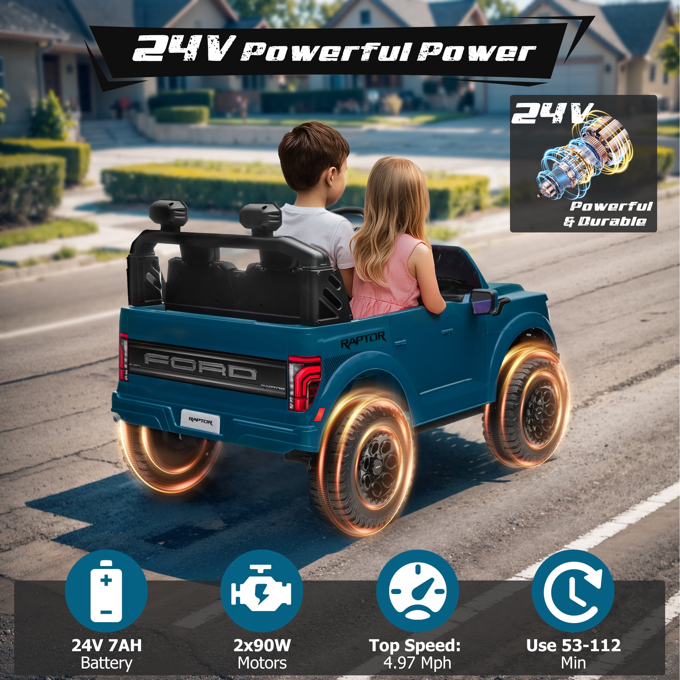 Ford F150 Raptor 2 Seater Ride on Toy Trucks for Kids, 24V Powered 2 Seat Ride on Cars with Remote Control/4 Wheelers/LED/Bluetooth/ Truck Bed Storage/Soft Start, Kids Electric Cars for Boys Girls
