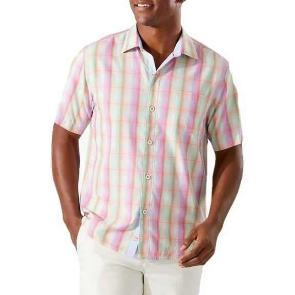 Tommy Bahama Ombré Isles Plaid Silk Camp Shirt,Berry, l