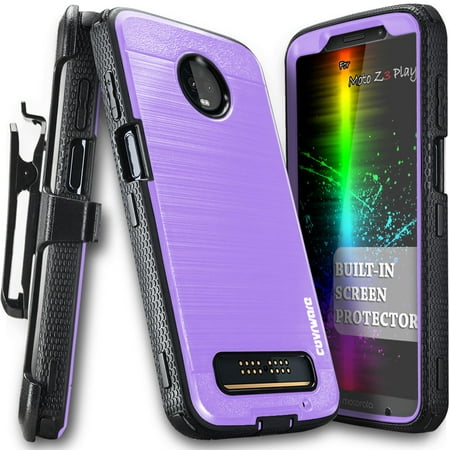 Moto Z3 Play Case, COVRWARE [ Iron Tank Series ] with Built-in [Screen Protector] Heavy Duty Full-Body Rugged Holster Armor Case [Brushed Metal Texture Design][Belt Swivel Clip][Kickstand], Purple