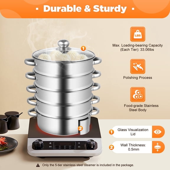 5-Tier Stainless Steel Steamer Pot with Glass Lid, Multiple Steamer Pasta Steamer Pot Steaming Cookware 12.59*15.74inch