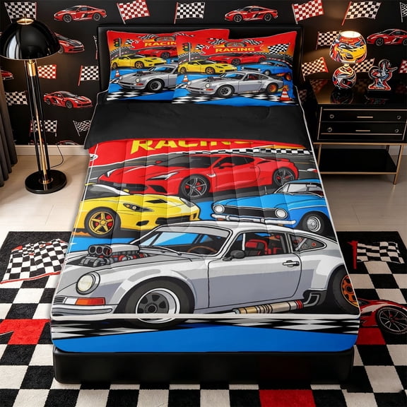 Castle Fairy Cartoon Racing Car Zipper Twin Comforter Sets with Fitted Sheet and 2 Pillowcases,Race Track Art Zipper Bedding Set for Bedroom,Blue Red,4-Piece,Black Reversible