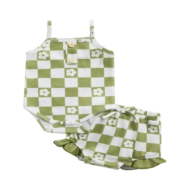 Infant Baby Girl Summer Clothes Set Checkerboard Plaid Floral Print Sleeveless Romper+Ruffle Shorts Outfit