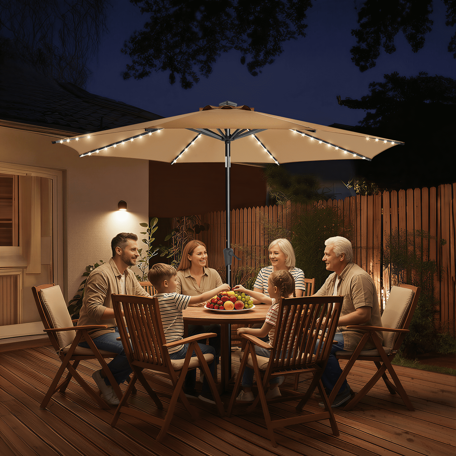 TASKBAY 9ft Solar Patio Umbrella with Colorful LED Lights, 45° Tilt Adjustment Outdoor Umbrella for Garden, Backyard, Pool, Beige (Base not included)