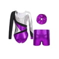 thumbnail image 2 of iefiel Costume de Gymnastique pour Filles Manches Longues Col Rond Justaucorps avec Shorts et Couvre-Chef Violet 16, 2 of 5