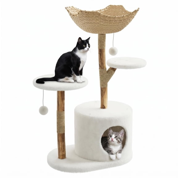 Multi Level Modern Cat Tree Tower, Wood Rattan Integrated Pet Furniture, Climbing Condo Scratching Post Rest Basket for Large Cat