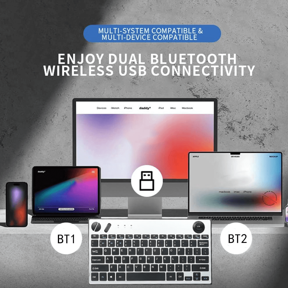 JOMAA 78 Keys Dual Mode Bluetooth Wireless Trackball Keyboard for Windows Mac iOS Android Computer Tablet Desktop