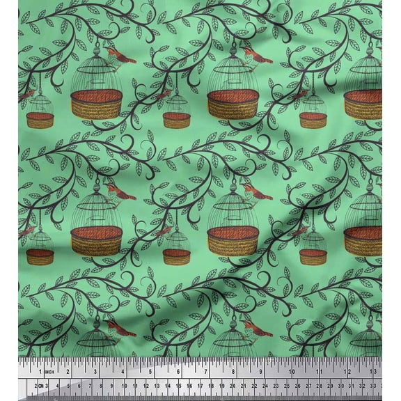 Soimoi Cotton Duck Fabric Leaves,Cage & Sparrow Bird Print Fabric by Yard 42 Inch Wide