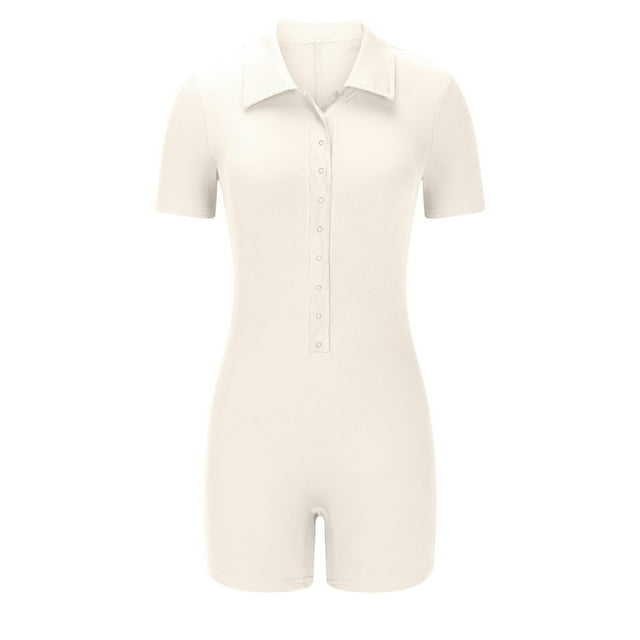 Kyusrd Yoga Combinaison pour Femmes, Taille Extensible, Justaucorps de Compression, Boutons, Sans Coutures, Côtelé, Manches Courtes, Col à Revers, Col en V, Combinaisons Sport, Décontracté, Couleur Unie, Entraînement, Extensible, Contrôle du Ventre, Combinaisons d'Exercice