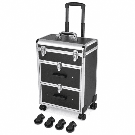 GELUOXI Professional Rolling Makeup Train Case with Drawers, Makeup Case on Wheels, Nail Tech Rolling Cart Storage Organizer Trolley Make up Case for Travel Makeup/Nail Art/Hair Styling, Black