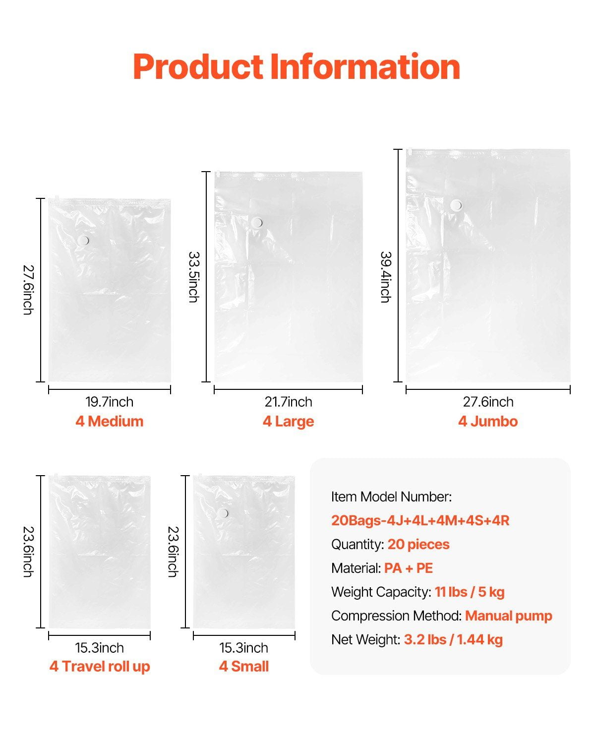 Vacuum Storage Bags 20-Pack with Pump, 4 Sizes (Jumbo, Large, Medium, Small) & Travel Roll Bags, Space Saver Bags for Clothes, Comforters, Blankets