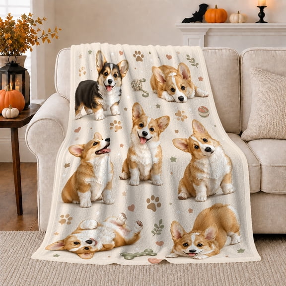 Playful Pembroke Welsh Corgi Autumn Pumpkin Patch, Playful Pet Portrait Pattern, Warm Flannel Blanket for Living Room and Bedroom, Dog Lovers Thanksgiving Gift, Pet Lover Home Decor