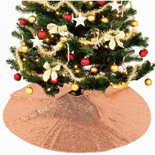 Christmas Rose Gold Tree Skirt 36in Sequin Tree Skirt Xmas Pine Tree Ornaments Artificial Christmas Pine Tree Skirt Holiday Decor (36 Inch, Rose Gold)