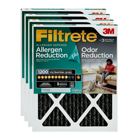 4' Allergen Reduction Filter - Filtrete 16x25x1, Allergen Plus Odor Reduction HVAC Furnace Air Filter, 1200 MPR, Pack of 4 Filters