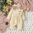 thumbnail image 2 of XDZJLR Baby Boy Girl Romper Autumn Winter Double Layer Crepe Jumpsuit With Waistband Long Pants Headband Outfit Toddlers Infants Beige 1-3 Months, 2 of 8